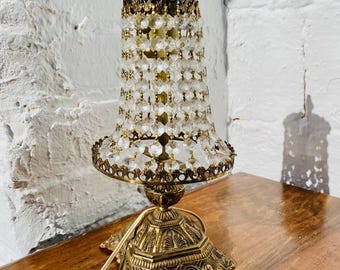 Vintage Boudoir Accent Table Lamp, Gold, Brass, Chandelier, Crystal, Light, French, Romantic, Hollywood