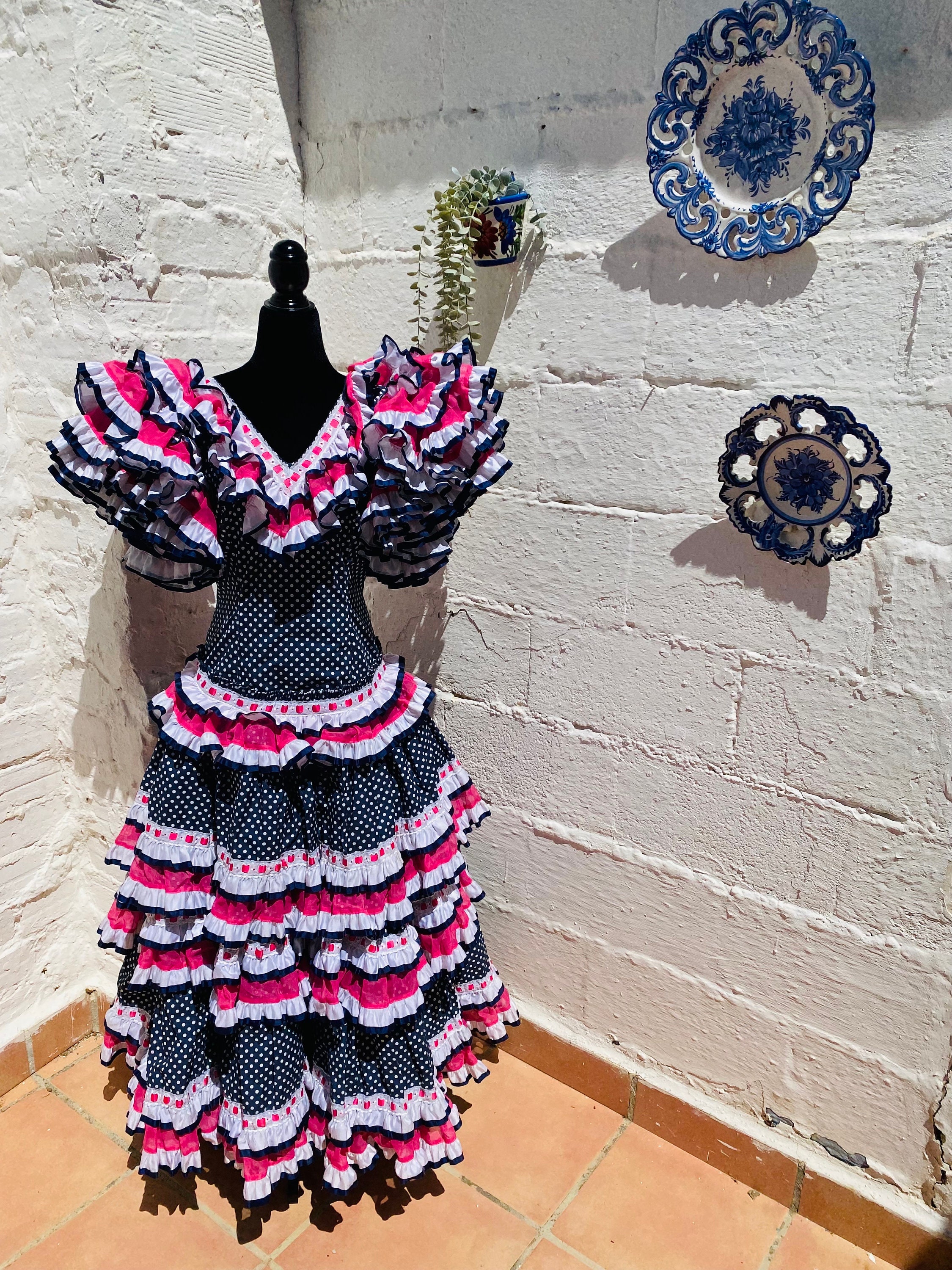 ヴィンテージフラメンコドレス：ウエスト26インチ、ネイビーの水玉模様