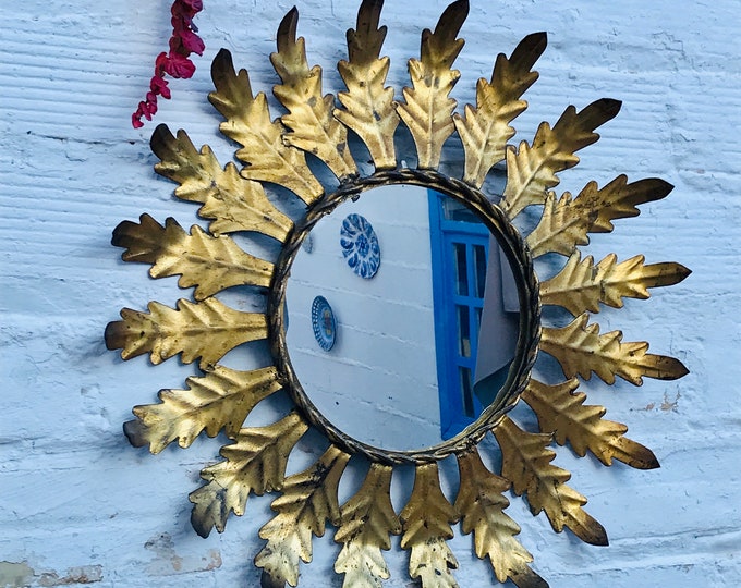 19" Antique Round Gold Mid Century Modern Sun Star Burst MIRROR Bronze Brass Golden