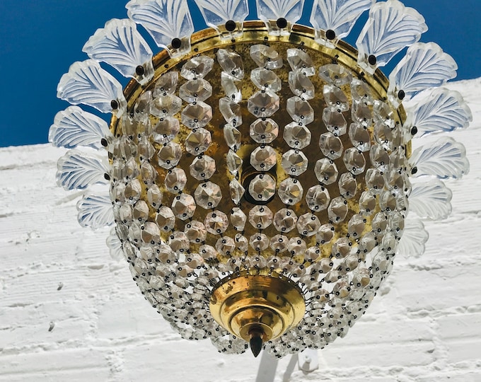 Antique Murano Glass Crystal Chandelier: French Style Bowl, Brass Canopy