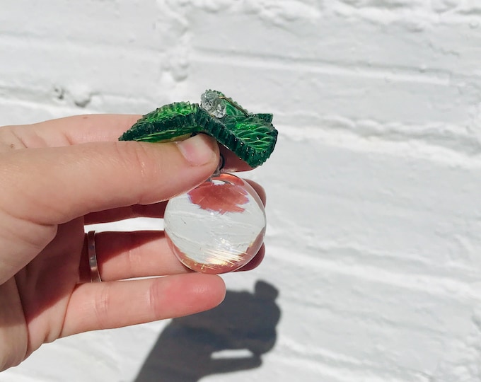 Antique Murano Glass Chandelier Prism: Green Leaf Crystal Ball (2" x 2.5")