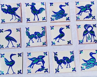12 4" Talavera Tiles Fajalauza BIRDS Blue Green Spanish Revival California Mission
