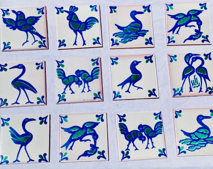 12 4" Talavera Tiles Fajalauza BIRDS Blue Green Spanish Revival California Mission