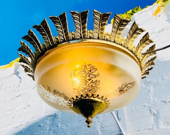 16 x 8" Antique, Golden, Brass, Bronze, Cut Crystal, Flush Mount, Ceiling, Light, Wall, Fixture, Sun, Star, Burst