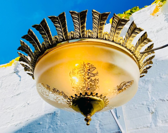 16 x 8" Antique, Golden, Brass, Bronze, Cut Crystal, Flush Mount, Ceiling, Light, Wall, Fixture, Sun, Star, Burst