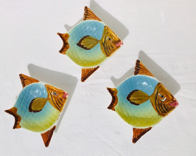 Set 3, Vintage Studio Pottery Fish Trinket DISH, Signed, Hand Painted, SPAIN, Footed