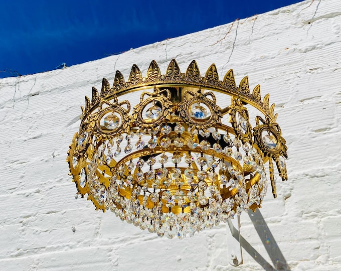 Rare Antique Bronze Crystal Basket Chandelier 11x14 Flush Mount Ceiling Light