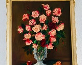 26 quot Antique Oil Painting, Signed A.F. Diaz 1964, Impressionist Floral Flowers Roses Pink, Giltwood Gold Frame