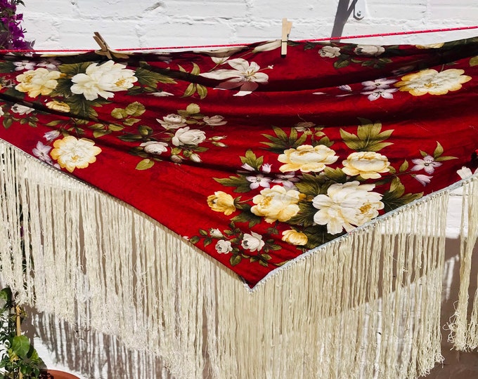 Antique Silk Red Floral Spanish Flamenco Shawl, Piano Shawl, Skirt, Mantila