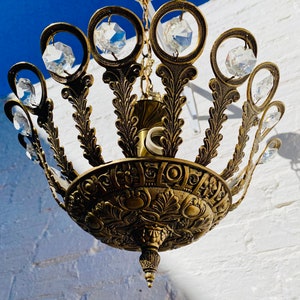 31 x 16&quot; Antique French Chandelier, Bronze, Semi Flush, Crystal, Bowl, Spanish, Suitable for USA & EU