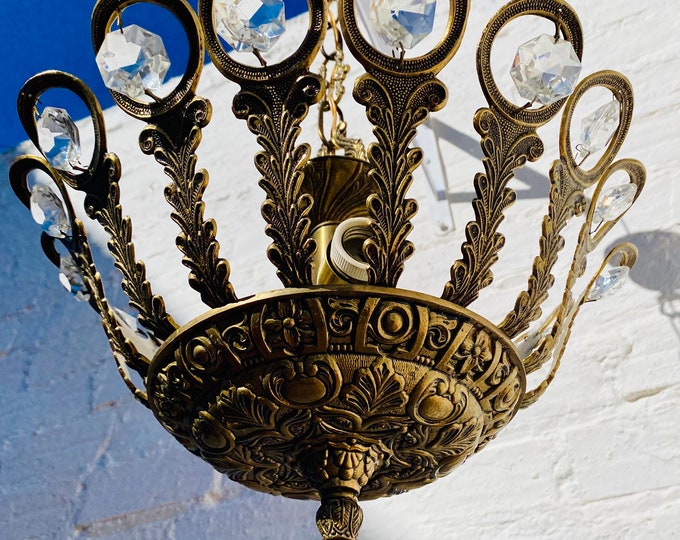 Antique French Bronze Crystal Chandelier - Semi Flush Bowl Light