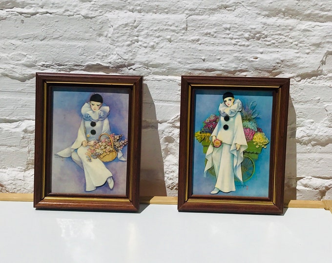 Signed Mira Fujita 3D Pierrot Prints - Framed Offset Lithographs - Set of Two