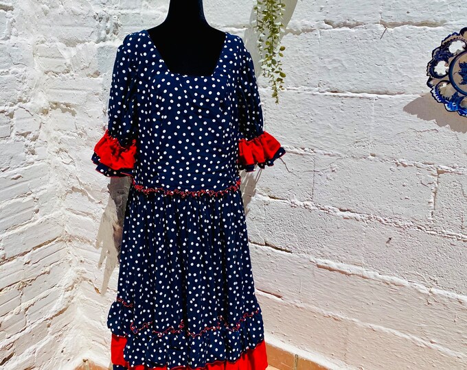XL, Waist 40" Vintage Authentic Flamenco Dress Gypsy Frida Polka Dots Navy Blue Red Trim