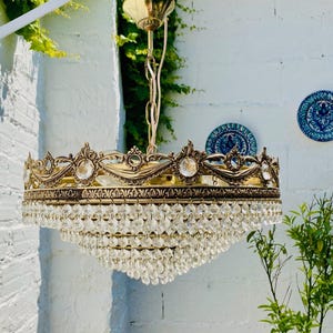 21&quot; L x 18&quot; W, Large Antique French Chandelier, Crystal, Tiered, Brass, Bronze, French