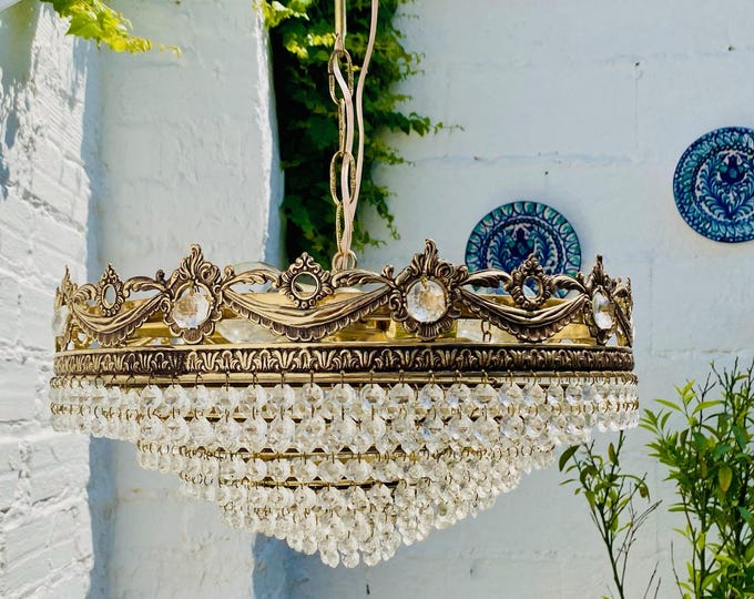 21" L x 18" W, Large Antique French Chandelier, Crystal, Tiered, Brass, Bronze, French