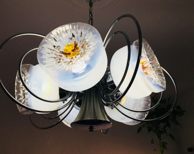 5 Light LARGE Mid Century Murano Mazzega Orbital Chandelier Ceiling Light Chrome White Orange