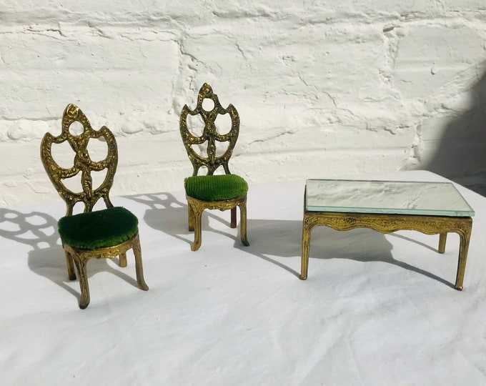 Antique Miniature Doll House Furniture Gilt Ormolu Bronze Velvet Chairs Table