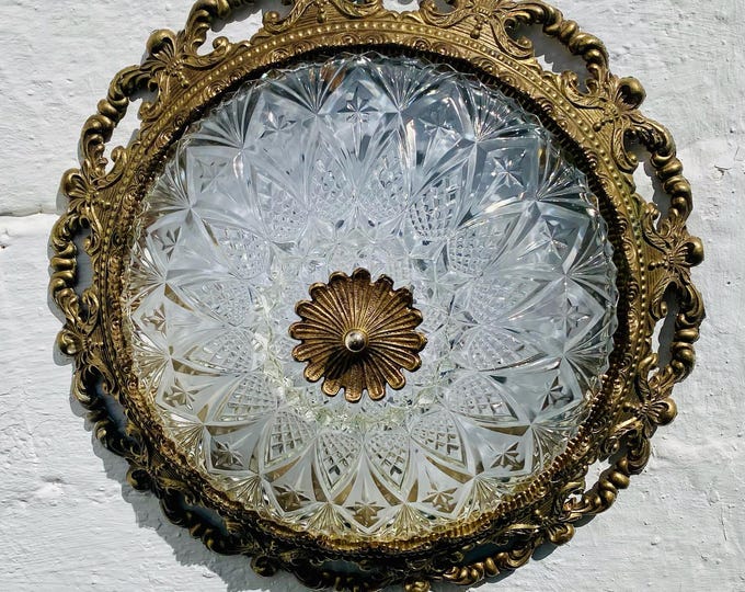 Antique Crystal Flush Mount Ceiling Light: Bronze Golden Colonial Fixture