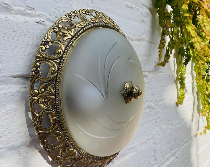 Vintage Etched Glass Flush Mount Ceiling Light - Brass Rim, 13"