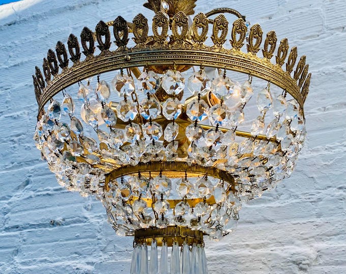 Antique French Empire Gilded Brass Crystal Chandelier for Low Ceilings Neoclassical Light