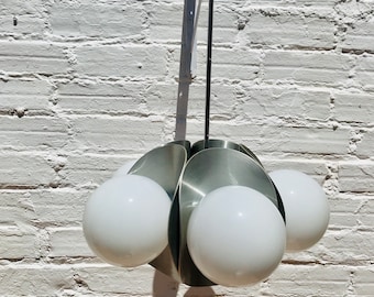 Mid Century Chandelier, Milk Glass Chrome Orbital Globe Chrome Space Sputnik