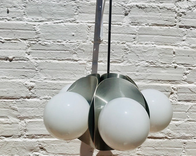 Mid Century Chandelier, Milk Glass Chrome Orbital Globe Chrome Space Sputnik