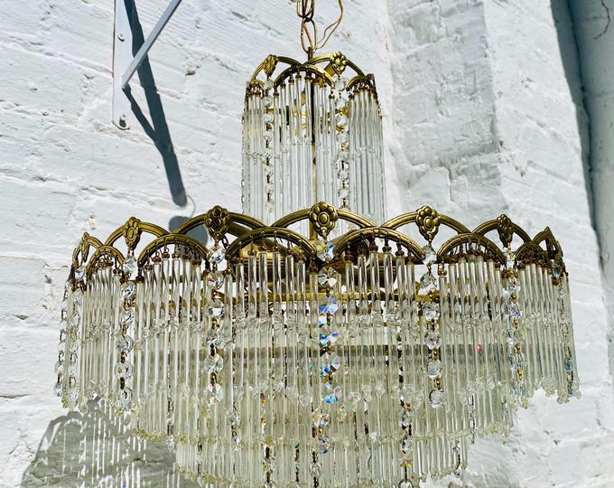 Antiqu Brass Crystal Tiered Chandelier, Glass Rod Waterfall, Art Deco Lighting (30"x21")