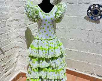 Vintage Flamenco Dress: White Green Polka Dot Feria Gitana, Waist 28"