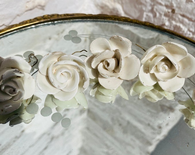 TWO White Porcelain Capodimonte Rose Flower BEADS for CHANDELIERS and Antique Lighting Lamps