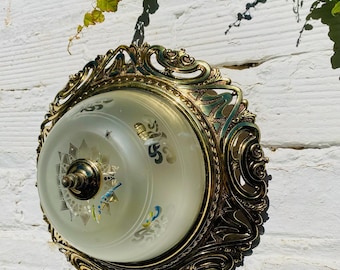 12.5" W Antique Etched / Cut Glass FLUSHsk Mount Ceiling Light Wall Fixture Brass