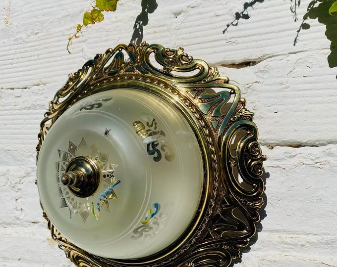 12.5" W Antique Etched / Cut Glass FLUSHsk Mount Ceiling Light Wall Fixture Brass