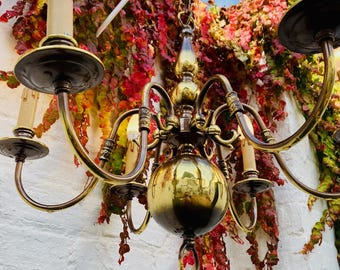 Antique Flemish Brass Ball Chandelier - 6-Arm Williamsburg Style
