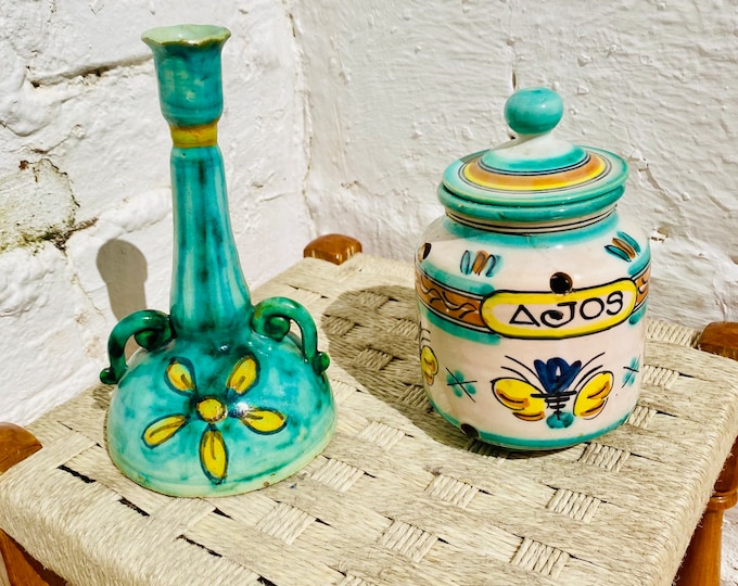 Vintage Spanish Pottery Set: Triana Garlic Jar, Fajalauza Bowl, Candlestick