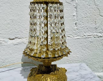 13" Vintage Boudoir Accent Table Lamp, Gold, Bronze, Chandelier, Crystal, French
