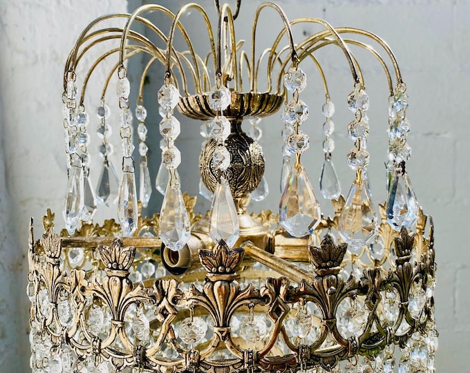Antique Crystal Tiered Chandelier 24x12.5 Silver Brass Ceiling Light French Empire Pendant for Low Ceilings