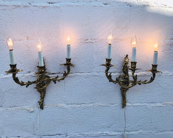 Pair Antique French Wall Sconces, 3 Lights, Romantic Bronze Louis XVI Versaille Rococo