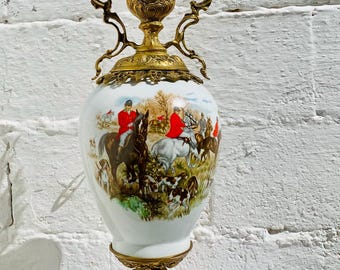 Antique Spanish Porcelain Hunting Scene Mantel Garniture Ewer Gilt Bronze Urn Decorative Trophy Urn Hollywood Regency 26.5"