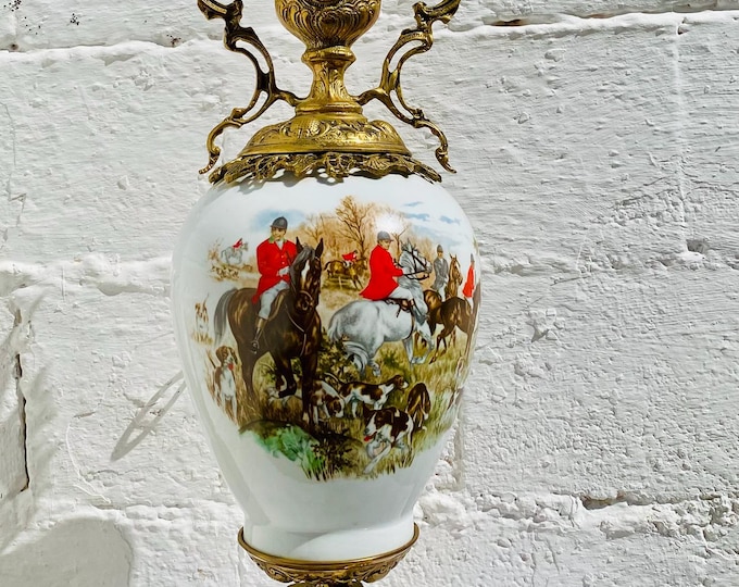 Antique Spanish Porcelain Hunting Scene Mantel Garniture Ewer Gilt Bronze Urn Decorative Trophy Urn Hollywood Regency 26.5"