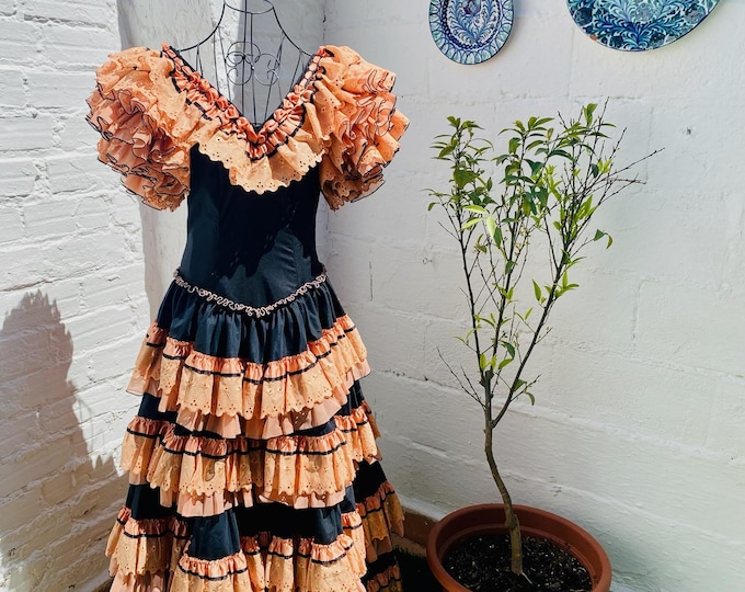 Waist 28" Vintage Authentic Flamenco Gypsy Dress Frida Kahlo Feria Gitana, Black, Coral Orange Pink