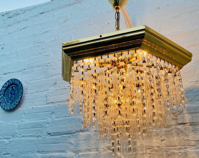 Antique Glass Prism Chandelier: Art Deco, Rare Beads, Geometric Frame, 24 x 20"