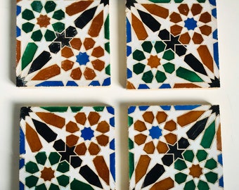 4 ANTIQUE CERAMIC TILES, Spanish Talavera Alhambra Mensaque Rodríguez