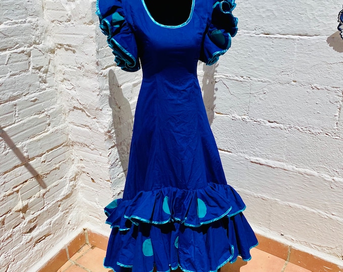 Vintage Flamenco Dress: Blue Polka Dot Asymmetrical Skirt, Size 24
