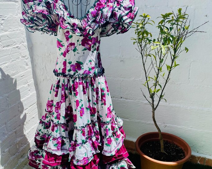 Waist 27" Vintage Authentic Flamenco Gypsy Dress Frida Kahlo Feria Gitana, Purple, Floral, White