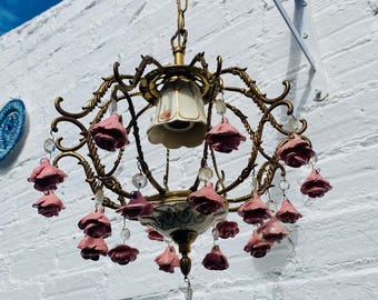 Antique Bronze Chandelier, Floral, White Ceramic Porcelain Capodimonte Manises, Suitable for USA & EU