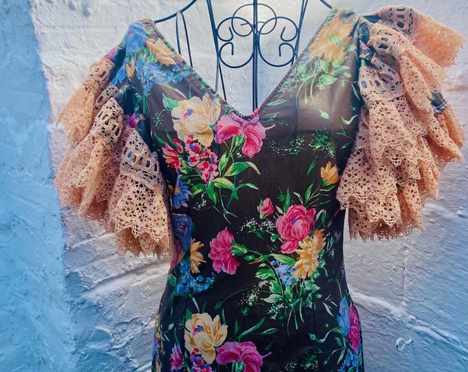 Waist 27" Vintage Authentic Flamenco Dress Gypsy Frida Cosplay, Spanish, Cowgirl, Brown, Floral, Lace, Pink