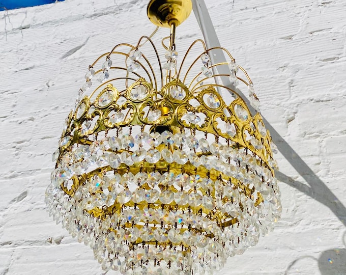 Vintage Tiered Crystal Chandelier, Brass French Style Basket Light (21 x 13.5")