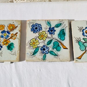 3 Antique Hand Painted Spanish Tiles, Floral Flowers Talavera, Malibu, Santa Fe