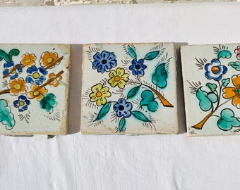 3 Antique Hand Painted Spanish Tiles, Floral Flowers Talavera, Malibu, Santa Fe