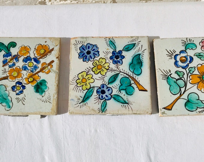 3 Antique Hand Painted Spanish Tiles, Floral Flowers Talavera, Malibu, Santa Fe