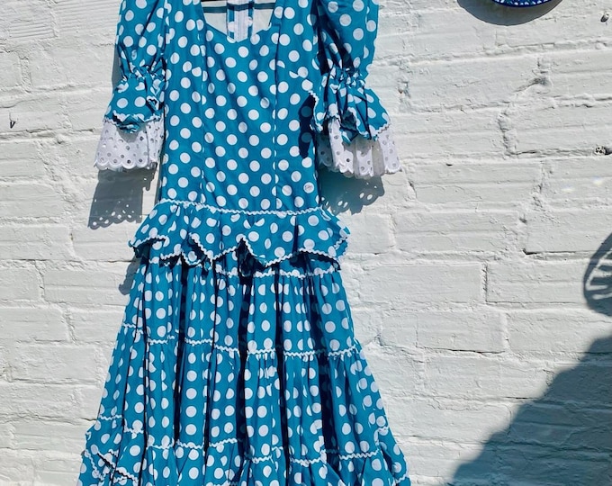 Waist 26" Vintage Authentic Spanish Flamenco Gypsy Dress Frida Blue Polka Dots